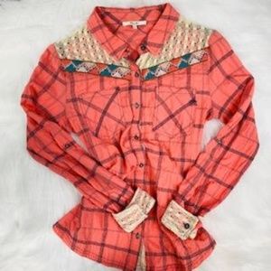 Miss Me Plaid Shirt with Crochet & Beaded Accents
